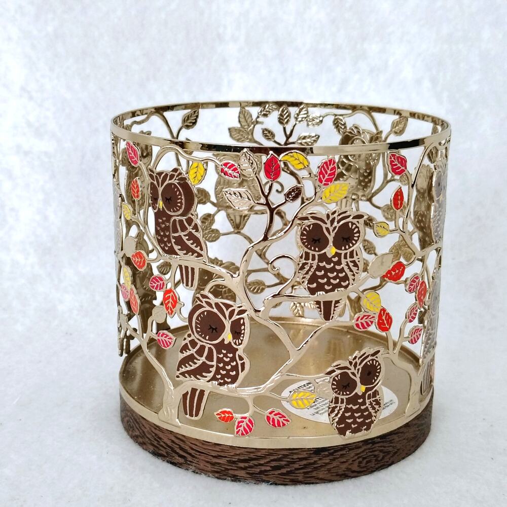 Bath & Body Works Sleeping Owl Gold Metal 3 Wick Candle Holder Leaves Fall Color - Picture 3 of 8